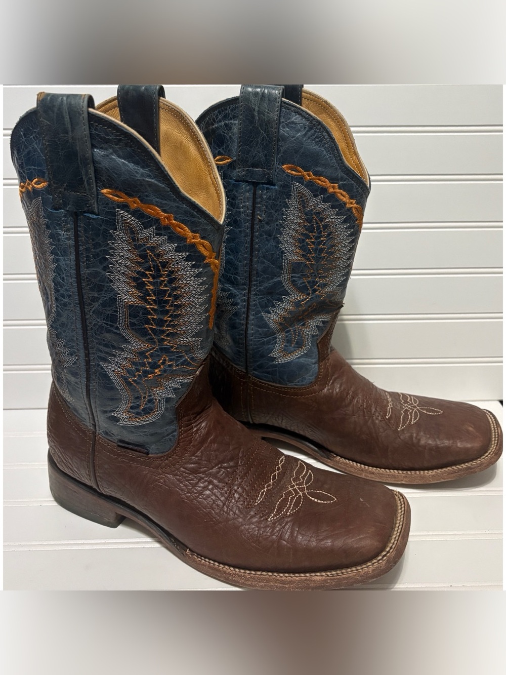 ROUSWEST Handmade Blue Brown Leather Square Toe Cowboy Boots Mens Size 10.5